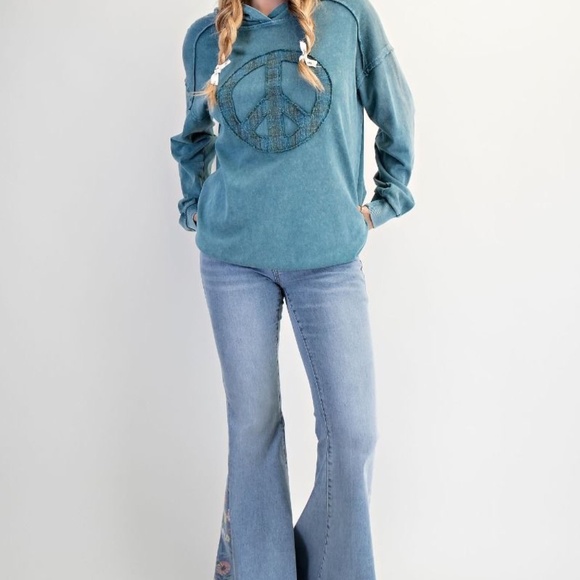 NEW EASEL CLOTHING WASHED TERRY KNIT PULLOVER PEACE HOODIE TEAL SWEATSHIRT - Picture 3 of 8